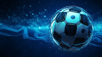 Naklejka premium dynamic soccer ball on futuristic blue background - sports and technology concept