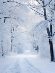 Beautiful winter landscape with snow covered trees and road in the forest. High quality photo