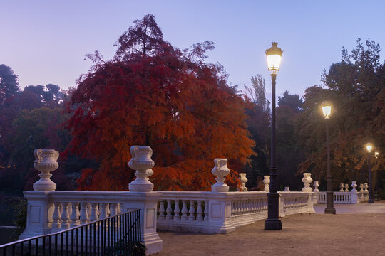 views of the glass palace of the parque del retiro in madrid in autumn with its pond in front of it. glass palace of the parque del retiro. parque del retiro in autumn. retiro park