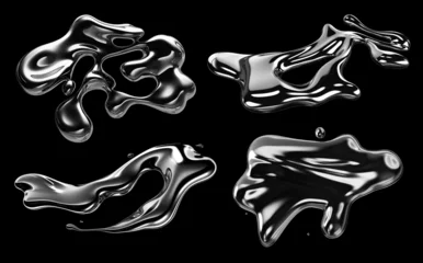 Deurstickers Y2K Melted chrome liquid metal shapes set isolated. Spilled wavy molten gloss aluminium mercury form. Futuristic aluminium droplets © Pavel
