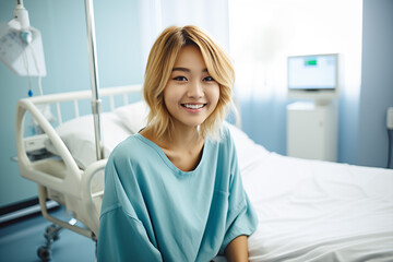Asian young female patient sitting smiling in hospital room