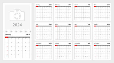 Wall calendar template for 2024 year. Holiday and event planner, week starts on Sunday. - obrazy, fototapety, plakaty