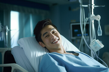 Asian male patient on hospital bed smiling