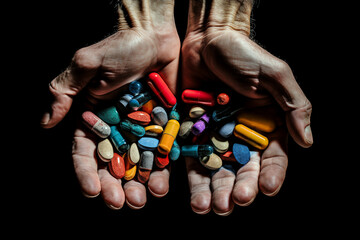 Colorful pills and capsules on old human hands