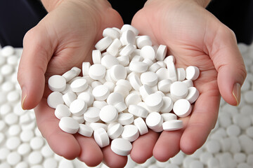 Heap of white pills on male human hands