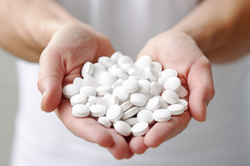 White pills on human hands with white medical gown background