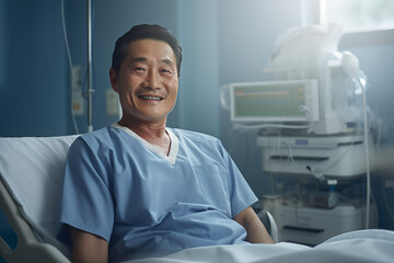 Asian old male patient sitting and smilling on hospital bed - Powered by Adobe