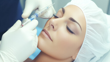 Naklejka premium Young beautiful woman receives botox injection for facelifting. Cosmetology procedure in beauty clinic. 