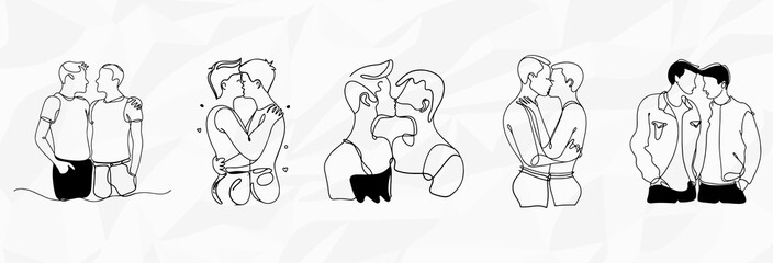 Liebevolle Verbundenheit: Bundle mit Vektorgrafiken von Lineart-Illustrationen von verliebten schwulen Paaren