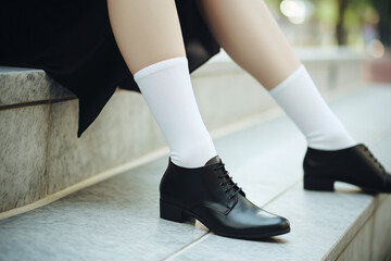 White women's socks mockup, black shoes, casual fashion, closeup view