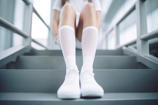 White women's socks mockup, white shoes, casual fashion, closeup view