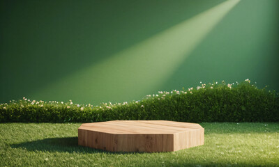 grass on a wooden background Photo green product stand on background
