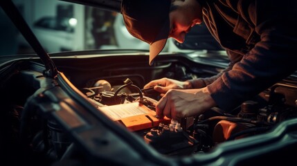 expert auto technician conducting electric battery maintenance and repair service in automotive...