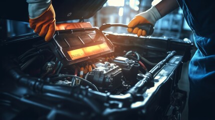 expert auto technician conducting electric battery maintenance and repair service in automotive workshop – hands-on inspection of car electrical system - obrazy, fototapety, plakaty