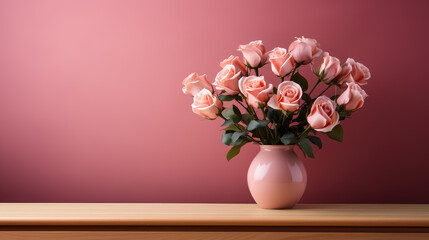 Generative ai illustration of Pink roses flowers in vase with cpyspace Background