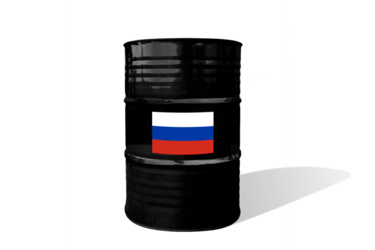 Russian flag on a crude oil barrel. Transparent background with soft shadow.