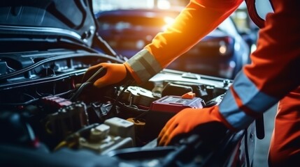 expert auto technician conducting electric battery maintenance and repair service in automotive workshop – hands-on inspection of car electrical system - obrazy, fototapety, plakaty