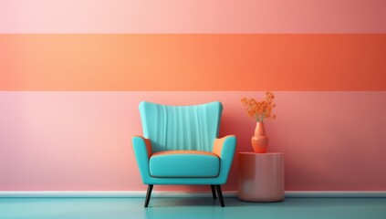 A Tranquil Blue Arm Chair Against a Vibrant Pink and Orange Wall. A blue chair sitting in front of a pink and orange wall - obrazy, fototapety, plakaty