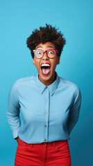 Young beautiful afro american woman with glasses and afro hair shouting and screaming loud to loud with hand on mouth. communication concept.