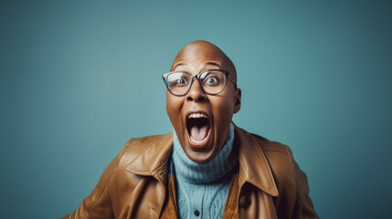 Obraz premium Shocked african american man with eyeglasses looking surprised at camera