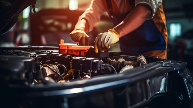 expert auto technician conducting electric battery maintenance and repair service in automotive workshop – hands-on inspection of car electrical system