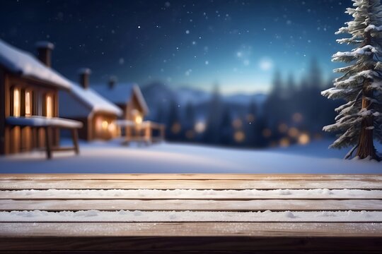 wooden table top for product display with winter background, product placement, promotion, advertisement 