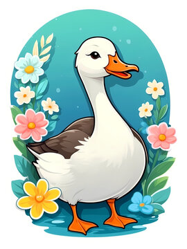 Add a touch of adorable charm to your projects with this cute sticker featuring a cartoon goose surrounded by a delicate white border adorned with vibrant flowers. Perfect for scrapbooking.