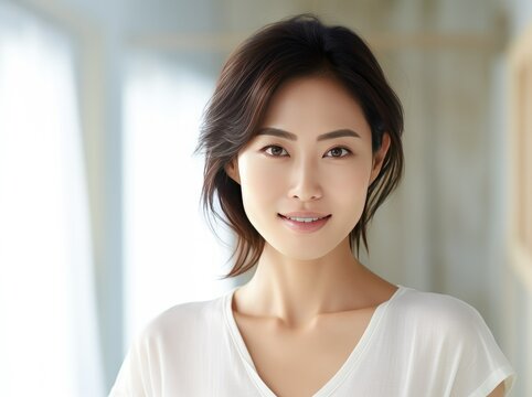 White Asian woman with warm smile, posing in a minimalistic Japanese style. Wearing light beige outfit, against a light azure background. Serene atmosphere, confident and stylish