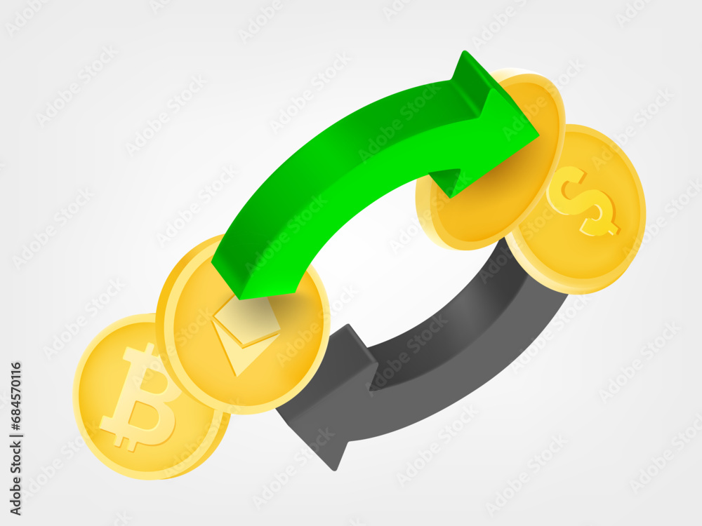 Poster Two arrows in the circle with coins and cryptocurrency. Money exchange concept. 3d vector icons isolated on white background