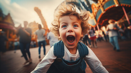a child on a visit to a crowded theme park - obrazy, fototapety, plakaty