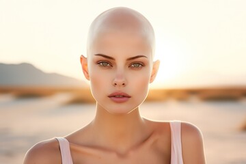 Bald woman in dessert at golden hour