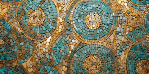 Fototapeta na wymiar Mosaic Texture With Turquoise And Gold Elements Created Using Artificial Intelligence