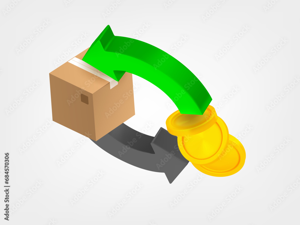 Poster Two arrows with coins and postage box. 3d vector icons isolated on white background