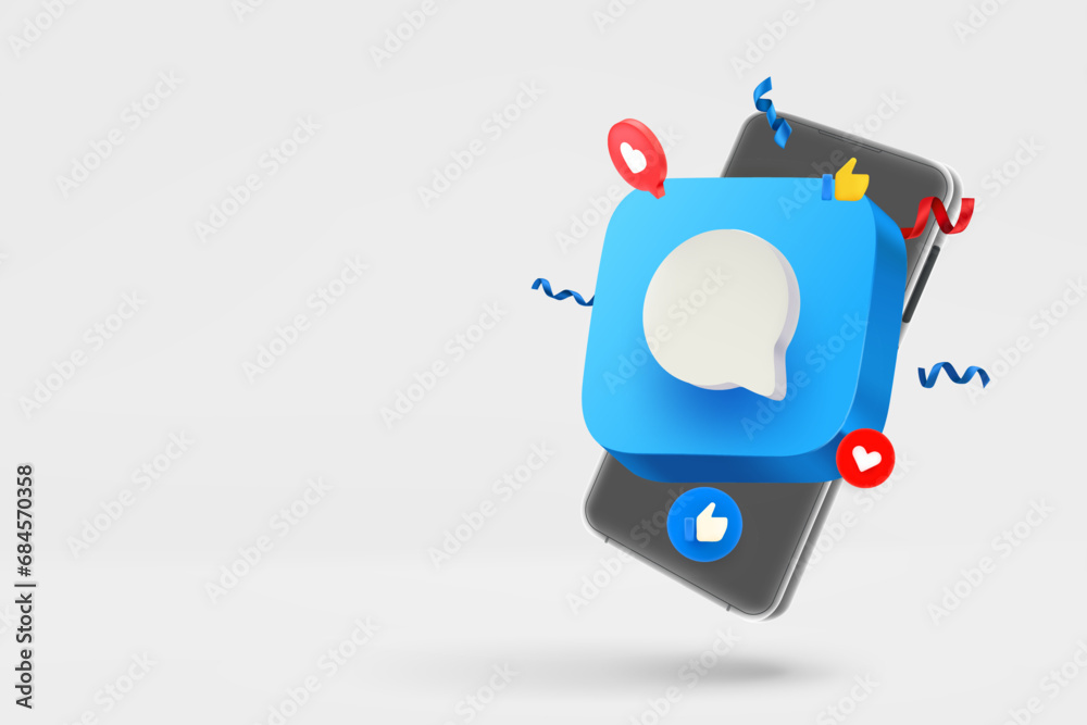 Poster Modern smartphone with speech bubble. 3d vector banner with copy space