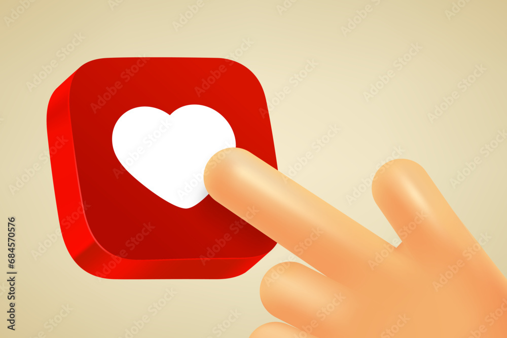 Poster hand pressing button with heart symbol. 3d vector illustration