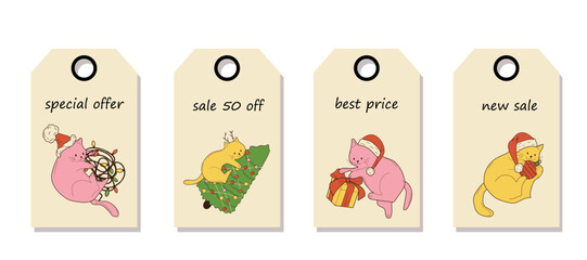 Vector set of discount price tags. Labels with Cute cats with christmas decoration. Christmas sale.	