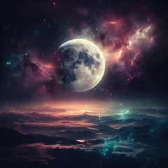 Poster Vollmond und Bäume space art, incredibly beautiful science fiction wallpaper. endless universe.galaxy night panoramic 