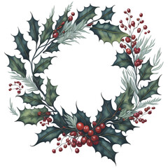 Holly leaves and berry. Christmas wreath watercolour illustration.