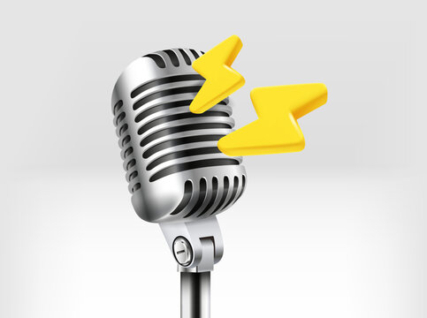 Concert concept. Retro microphone with golden thunderbolts. 3d vector illustration