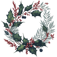 Holly leaves and berry. Christmas wreath watercolour illustration.