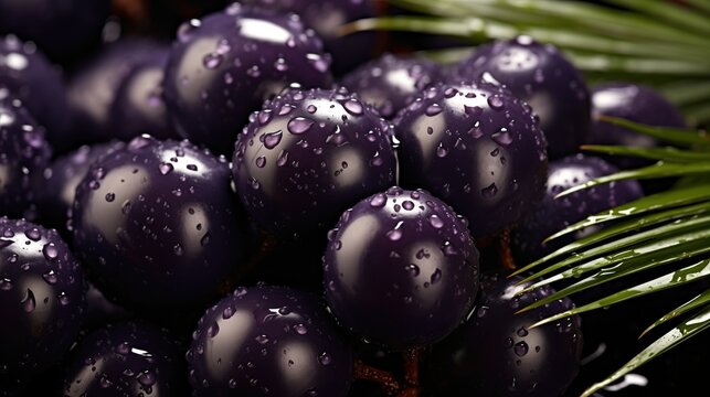 Close-up stock photo of ripe Saw Palmetto berries with vibrant dark purple color, glossy texture, and extreme detail. The berries glisten in the light, surrounded by leaves and stems