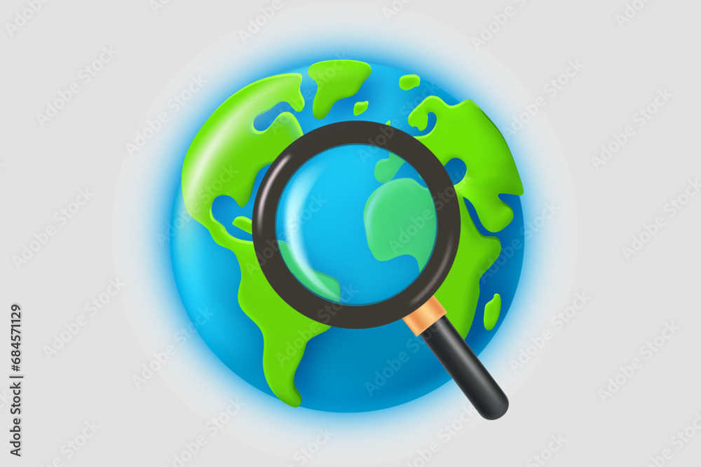 Poster searching place concept with the earth and map pins. 3d vector illustration