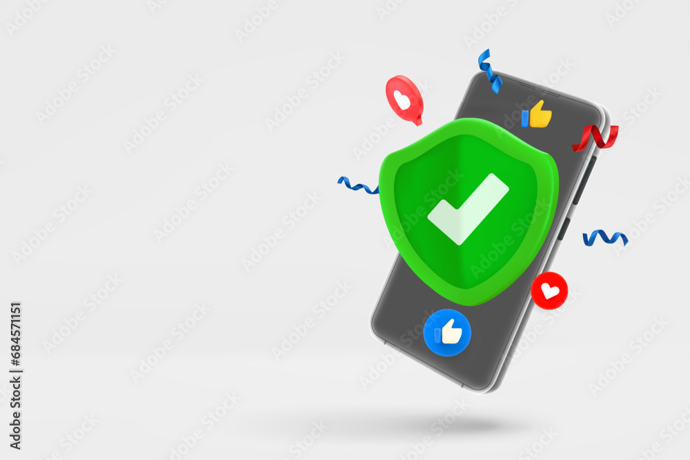 Aufkleber modern smartphone with green shield. 3d vector banner with copy space