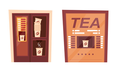 Vending machines. cartoon coffee tea hot drinks automats, selling vending equipment concept purchase assortment, cappuccino beverage hot packaging. vector cartoon minimalistic coffee vending.