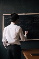 Teacher or tutor stands facing the empty board, writing on it in classroom at a school, university, or course. Engaged in educational instruction in a learning environment.