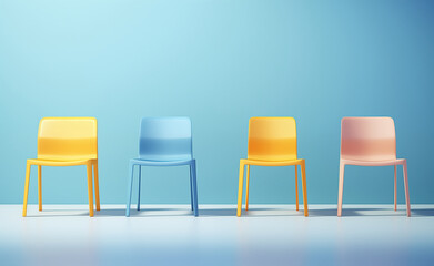 Blue and yellow chairs as conceptual ideas against various pastel backgrounds