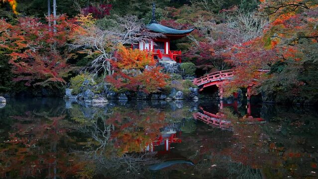 beautiful Daigoji temple in Kyoto with ancient pavilion and zen pond, momiji in Kyoto, tranquil Asian autumn landscape