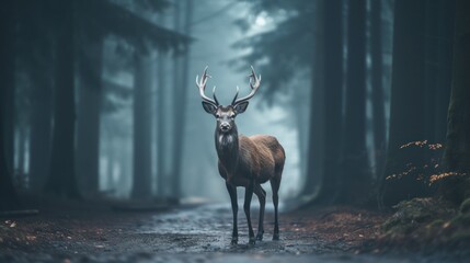 Majestic Stag in a Misty Forest