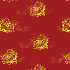 Chinese dragon pattern. Chinese pattern. Chinese dragons fighting. gold outlines on red. Seamless pattern for textile and decoration. Cartoon Vector illustration. Chinese traditional dragon background