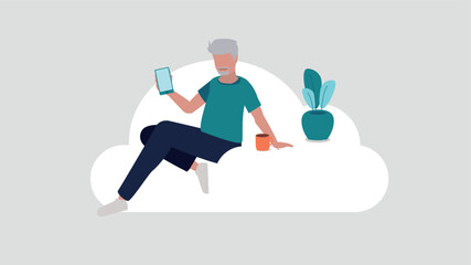 Relaxed person sitting on a cloud doing secure log in on a smartphone - cloud service concept - obrazy, fototapety, plakaty